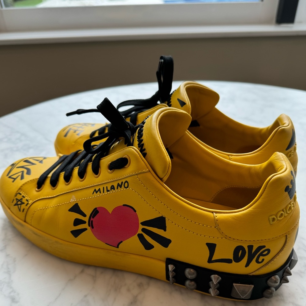 Dolce & Gabbana Portofino Yellow Graffiti Leather Sneakers
